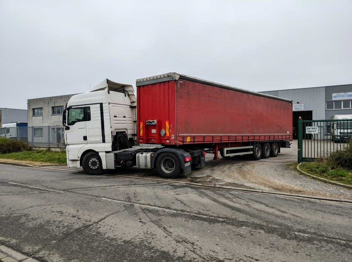Ensemble tracteur et semi-remorque stationné en zone industrielle